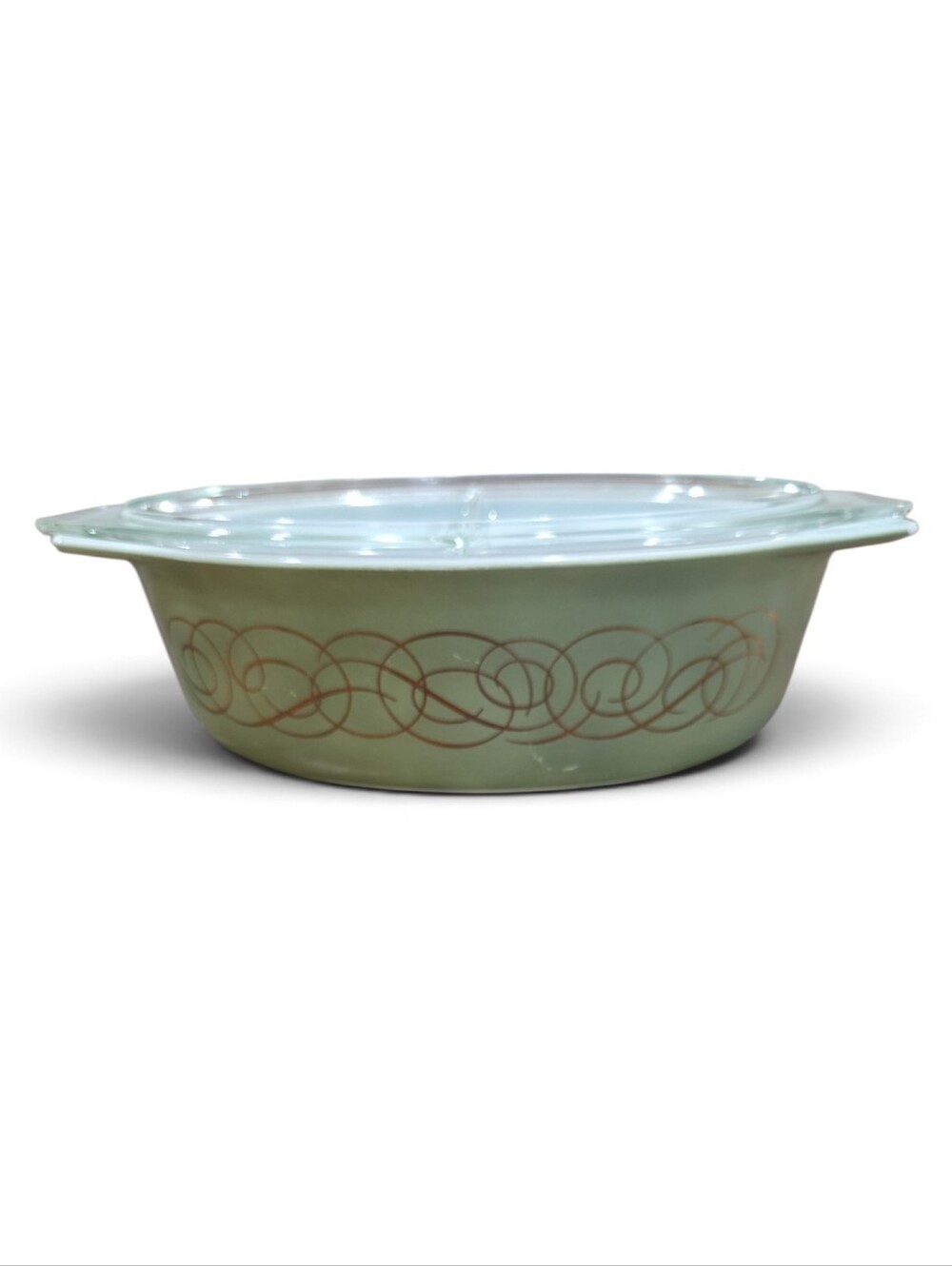 Vintage Pyrex Golden Scroll Green 1.5 Quart Ceramic Baking Dish with Glass Lid